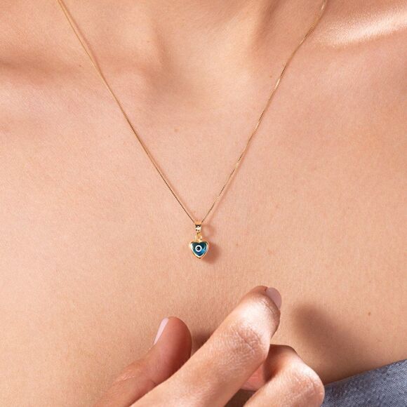 14k real Yellow Gold heart Evil Eye Charm | Pendant for Good Luck & Protection | - Picture 2 of 4